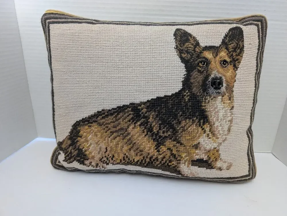 Vintage Cardigan Welsh Corgi Needlepoint Dog Pillow Brindle Hand Stitched